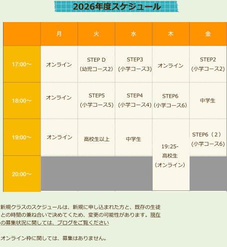 オンライン STEP D （幼児コース2） オンライン 高校生以上 STEP5 (小学コース5) STEP3 (小学コース3) STEP4 (小学コース4)  オンライン 中学生 中学生  STEP2 (小学コース2)  STEP6 （小学コース6）  STEP6（２） (小学コース6)  2026年度スケジュール 　オンライン 　 19:25-高校生 （オンライン） 新規クラスのスケジュールは、新規に申し込まれた方と、既存の生徒との時間の兼ね合いで決めてくため、変更の可能性があります。現在の募集状況に関しては、ブログをご覧ください  オンライン枠に関しては、募集はありません。