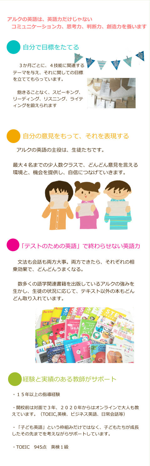 自分で目標をたてる 　３か月ごとに、４技能に関連するテーマを与え、それに関しての目標を立ててもらっています。  　飽きることなく、スピーキング、リーディング、リスニング、ライティングを鍛えられます 自分の意見をもって、それを表現する 　アルクの英語の主役は、生徒たちです。  最大４名までの少人数クラスで、どんどん意見を言える環境と、機会を提供し、自信につなげていきます。 「テストのための英語」で終わらせない英語力 経験と実績のある教師がサポート 　文法も会話も両方大事。両方できたら、それぞれの相乗効果で、どんどんうまくなる。  　数多くの語学関連書籍を出版しているアルクの強みを生かし、生徒の状況に応じて、テキスト以外の本もどんどん取り入れています。 ・１５年以上の指導経験・開校前は対面で３年、２０２０年からはオンラインで大人も教えています。（TOEIC,英検、ビジネス英語、日常会話等） ・「子ども英語」という枠組みだけではなく、子どもたちが成長したその先までを考えながらサポートしています。・TOEIC　945点　英検１級  　アルクの英語は、英語力だけじゃない　　コミュニケーション力、思考力、判断力、創造力を養います