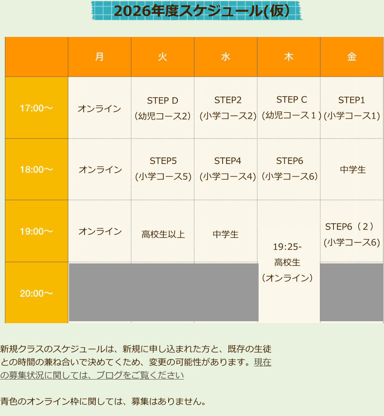 オンライン STEP D （幼児コース2） オンライン 高校生以上 STEP5 (小学コース5) STEP2 (小学コース2) STEP4 (小学コース4)  STEP C (幼児コース１)  中学生  中学生  STEP1 (小学コース1)  STEP6 （小学コース6）  STEP6（２） (小学コース6)  2026年度スケジュール(仮） 　オンライン 　 19:25-高校生 （オンライン） 新規クラスのスケジュールは、新規に申し込まれた方と、既存の生徒との時間の兼ね合いで決めてくため、変更の可能性があります。現在の募集状況に関しては、ブログをご覧ください  青色のオンライン枠に関しては、募集はありません。